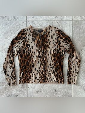 Lord & Taylor Extra Fine Merino Wool Leopard Print Crew Neck Cardigan Sweater PL